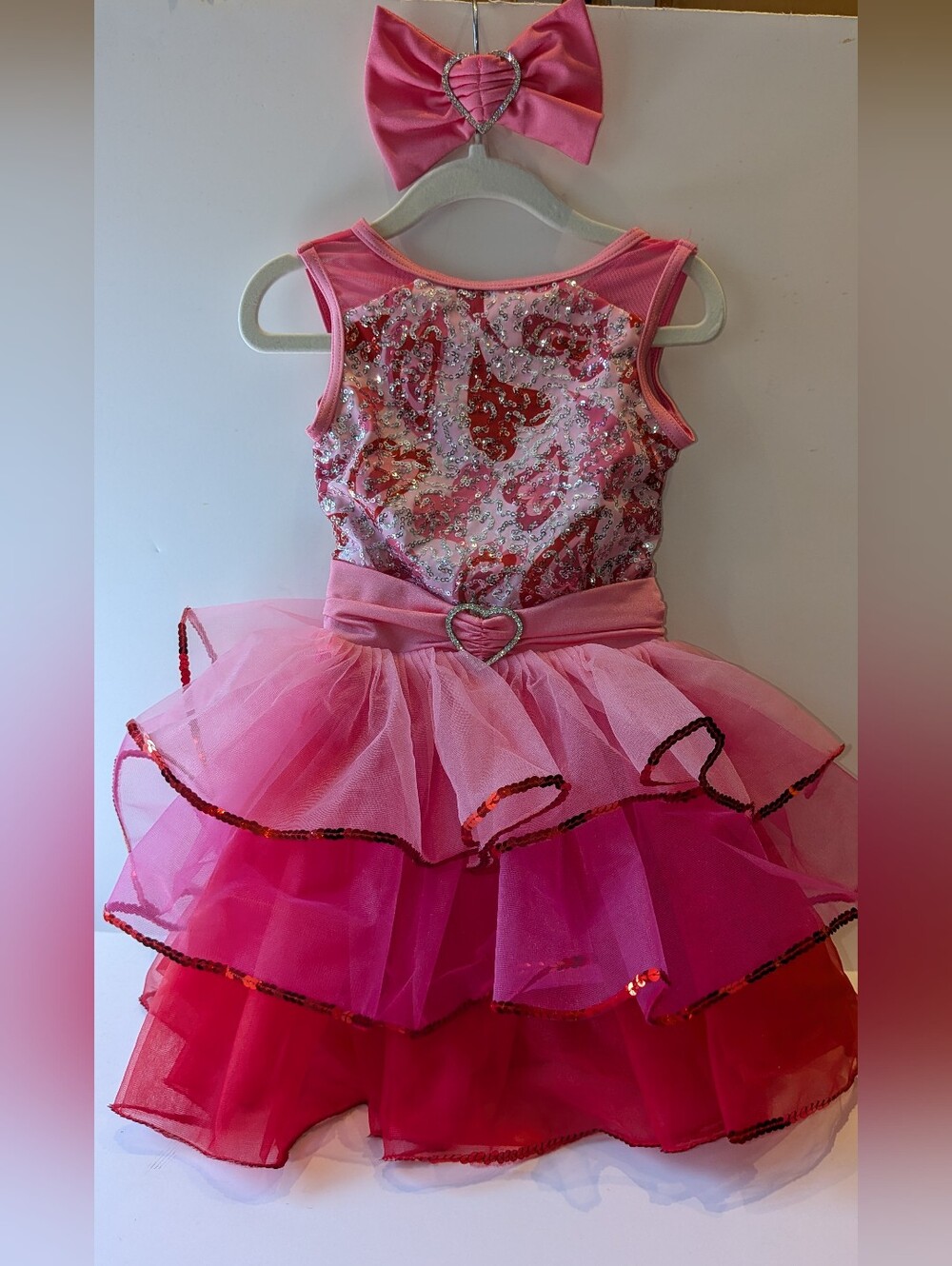 Weissman Pink Layered Tulle Dance Costume Leotard with Heart Buckle & Hair bow